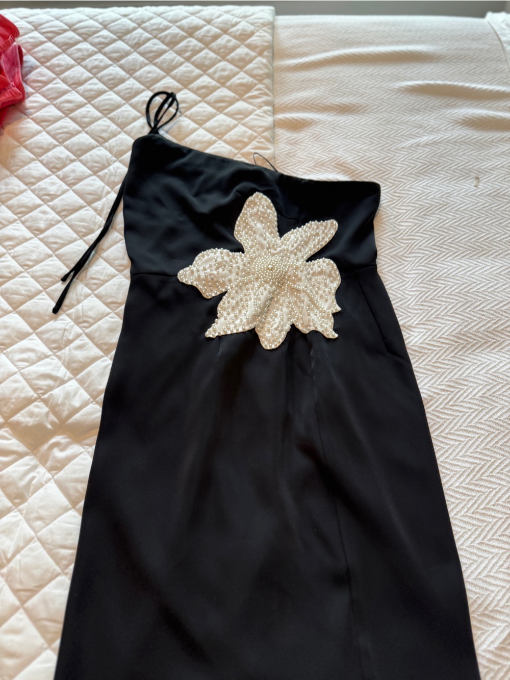 Boston Proper Black Wide-Leg Pants with Pearl Floral Appliqué